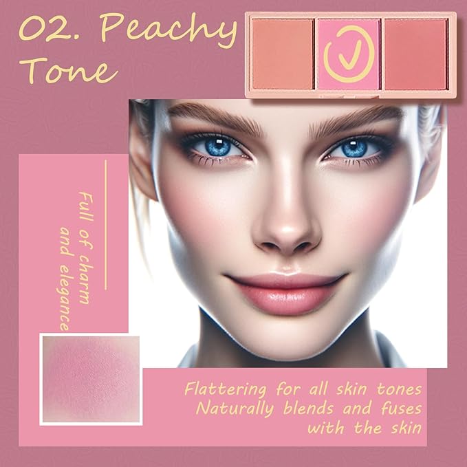 3 Color Matte Pink Blush Palette with Brush, Long Lasting Cheek Makeup, Smooth and Light Blush Powder for Face Beauty