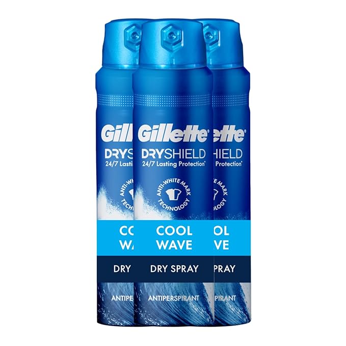 Gillette Dry Spray Antiperspirant and Deodorant for Men, 24/7 Sweat & Odor Protection, Anti-White Mark Technology, Cool Wave Scent, 4.3 oz (Pack of 3)