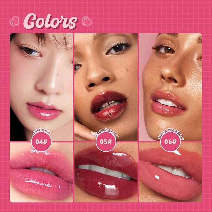Lip Plumper Gloss High-Shine Liquid Lip Plumping Color, Long-Lasting Plumper Pout, Moisturizing, Non-Sticky With Natural Ginger Extract Portable 6 Colors(04#Cherry)