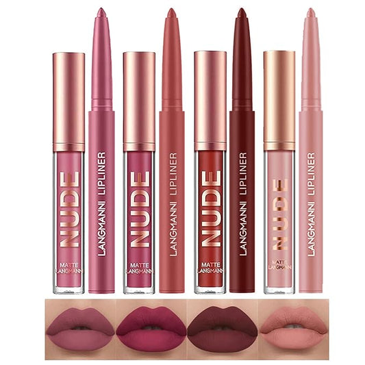 LANGMANNI 4pcs Matte Lipstick with Lipliners Durable Makeup Set,Long-Lasting Non-Stick Cup Not Fade Waterproof Pigmented Velvet Lipgloss Kit Beauty Cosmetics Makeup Gift for Girls(#2+4+6+8)