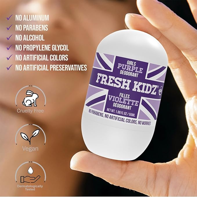 Fresh Kidz Roll On Deodorant for Kids and Teens - Baking Soda and Aluminum-free 24 Hour Protection for Sensitive Skin - Girls "Purple" 1.86 fl.oz. (2 Pack)