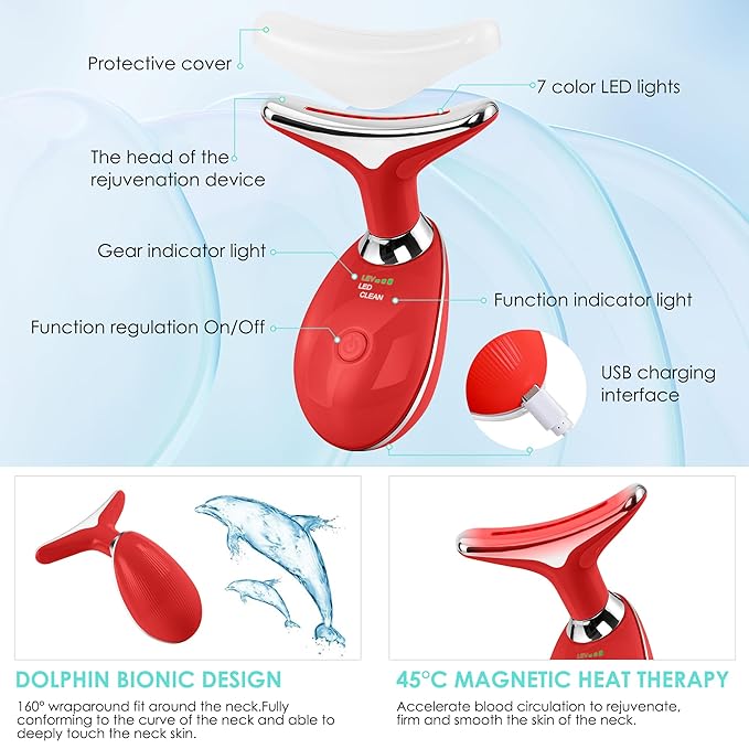 Red-Light-Therapy-for-Face and Neck, Face 𝖲 culpting Wand Facial Massager with 7 Color (Red)