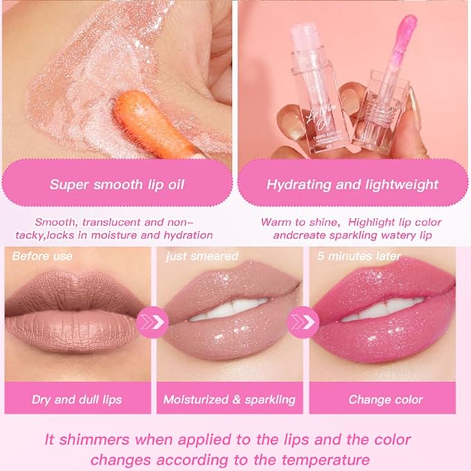 Magic Color Changing Lip Oil, 2024 New Warm Change Moisturizing Lip Gloss Hydrating Lip Oil, New Upgraded Magic Big Brush Color Changing Lip Oil Long Lasting Nourishing (Rase 04#)