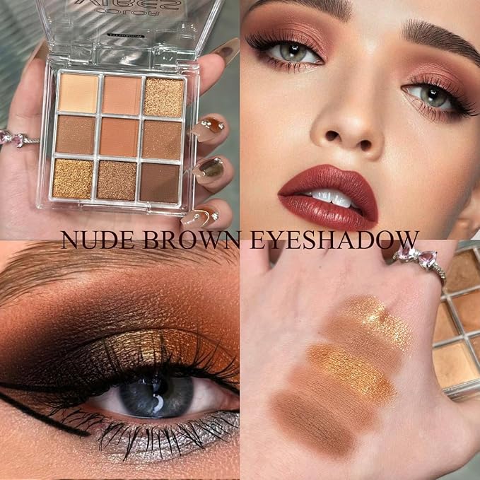 Neutral Nude Brown Eyeshadow Palette, 9 Colors Glitter Matte Eye Shadow Palette Makeup, Rose Gold Dark Brown Bronze Eyeshadow Palette, Highly Pigmented Waterproof Chocolate Eyeshadow Palette