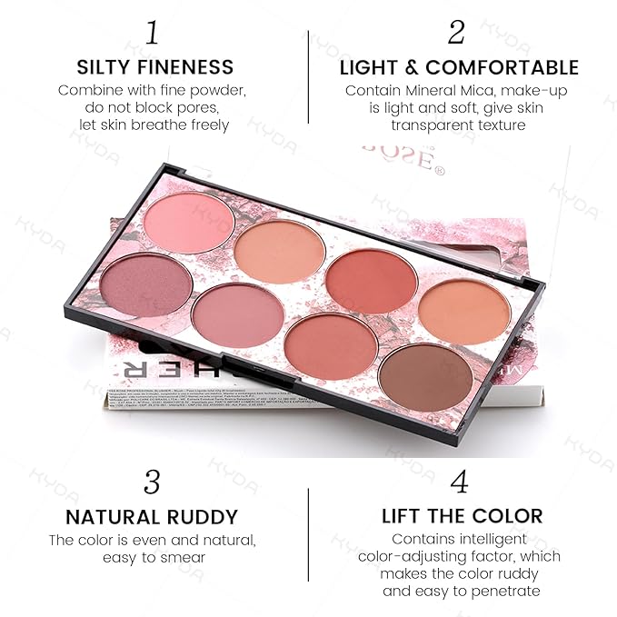 KYDA 8 Colors Face Blush Palette, Natural Matte Blush Palette, Smooth Blendable Powder, Multiuse Blusher Makeup with Contour and Highlighter