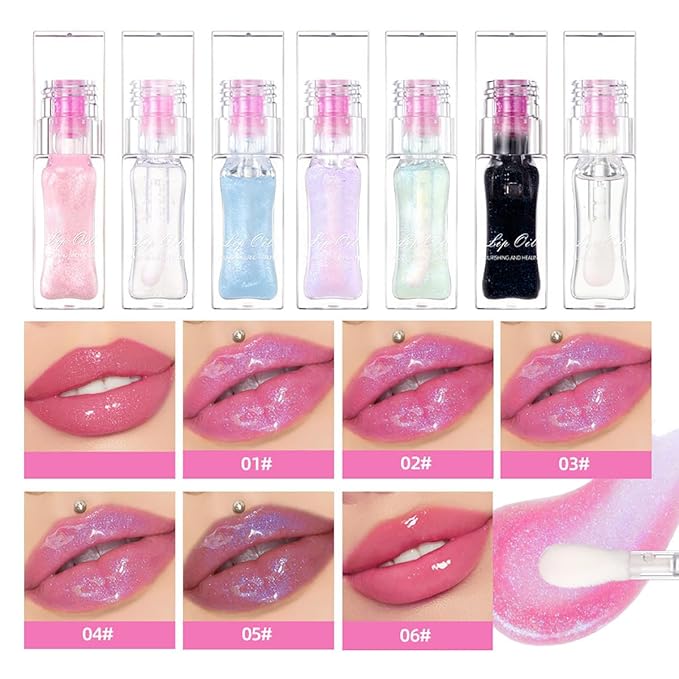 Magic Color Changing Lip Oil Ph, Glitter Lip Gloss, Upgraded Big Brush Head Moisturizing Lip Oil Long Lasting Nourishing Lip Glow Oil Non-Sticky Primer Lip Tint (# 02, 0.3 Oz)