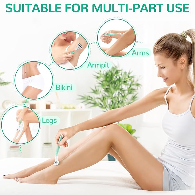 DreamGenius Razors for Women Include 2 Non-Slip Handles and 14 Blade Refills with a Shower Holder, 5 Premium Blades Women's Razors for Shaving with 360° Lubrication Reduces Irritation, Green