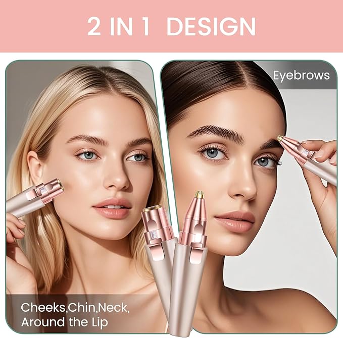 Hatteker Eyebrow Facial Trimmer, 2 in1 Rechargeable Hair Removal and Eyebrow Shaver - Face Lips Body Painless Razor with Built-in LED Light (Rose Gold)