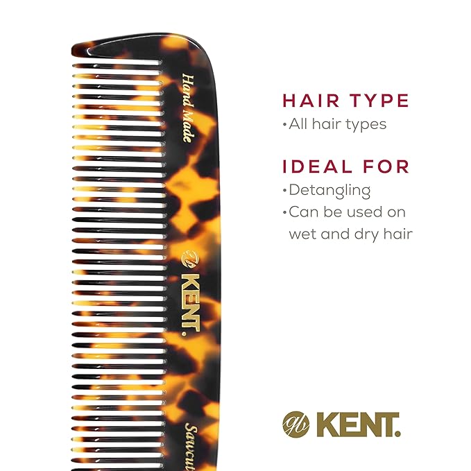 Kent 12T TY Wide Tooth Detangling Comb - 5.5" Handmade Pocket Comb for Thick, Curly, and Wavy Hair, Large Tooth Grooming Comb for Hair, Beard, and Mustache - Saw-Cut and Hand Polished