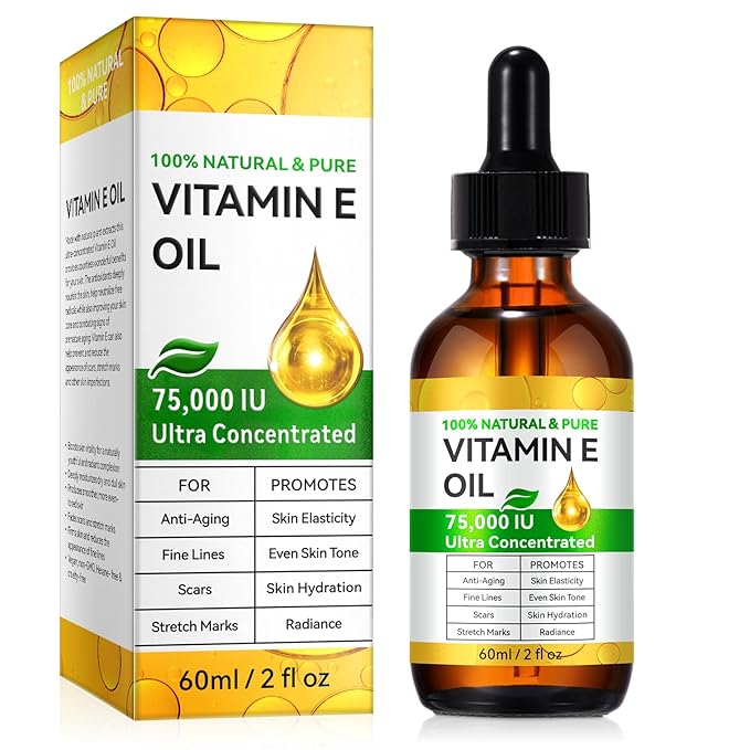 Natural Vitamin E Oil for Skin, 75,000 IU Ultra Concentrated Vitamin E Oil for Face, Hair and Scars, Moisturizing Dry Skin Oils, Promotes Skin Elasticity, 2Fl Oz