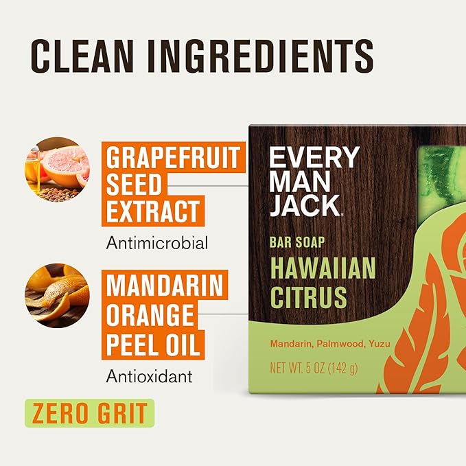 Every Man Jack Cold Processed Mens Bar Soap - Hawaiian Citrus Scent - Deeply Cleans & Hydrates w/Naturally Derived Ingredients - (3 Pack)