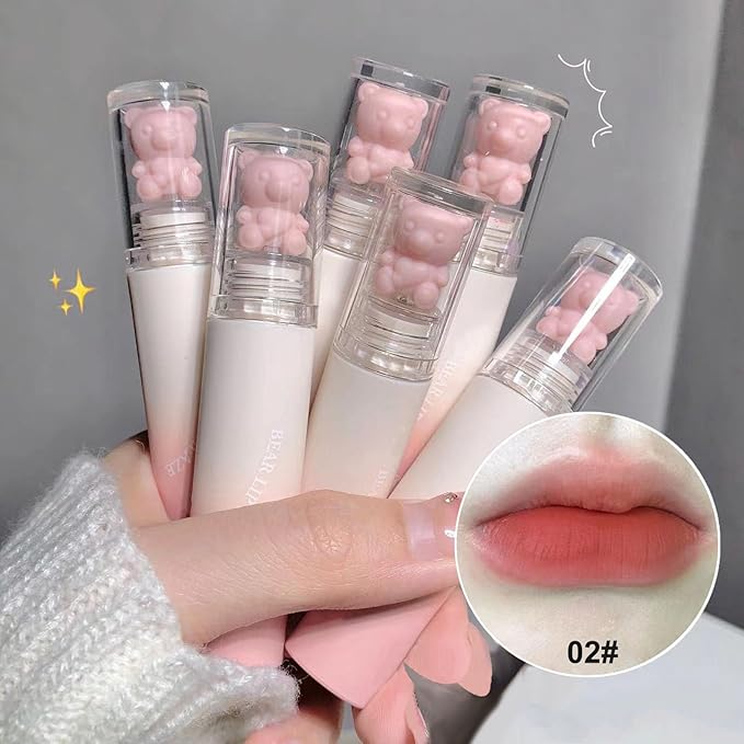 KWOLYKIM Pink Bear Matte Velvet Lip Gloss, Moisture Smooth Lip Glaze Waterproof Long Lasting Lip Stain Cute Beauty Makeup Nude Pink