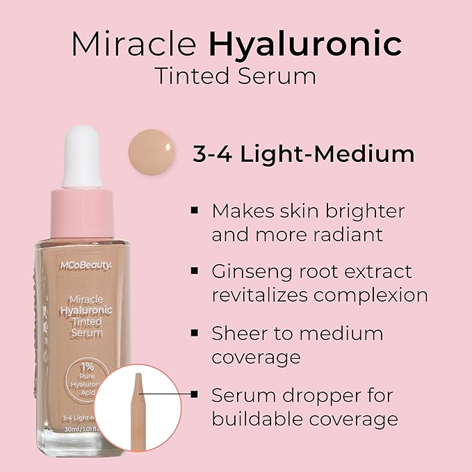 MCoBeauty Miracle Hyaluronic Tinted Serum, 3-ight/Medium, Hydration & Free Cosmetics 4 L