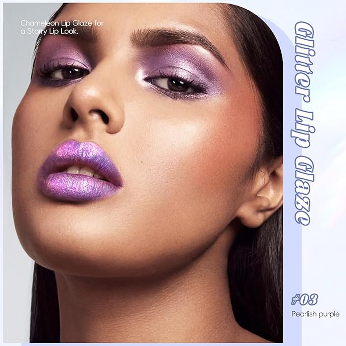 Purple Glitter Lip Gloss Liquid Lipstick, Diamond Shimmer Metallic Sparkly Iridescent Chameleon Lilac Lip Gloss Gift for Women, Long Lasting Waterproof Highly Pigment Holographic Lip Makeup03