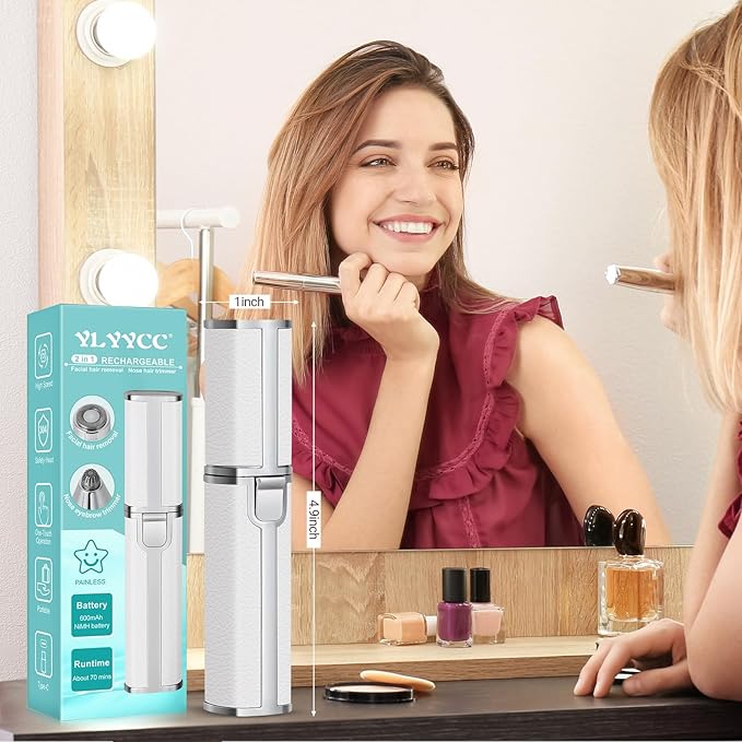 Nose Hair Trimmer for Women Men, Electric 2 in 1 Face Shaver and Eyebrow Trimmer, White Rechargeable Facial Hair Remover with Built-in LED Light