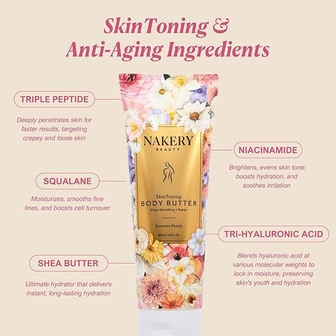 Nakery Skin Toning Body Butter for Women - Firming Body Lotion for Women - Peptide Infused Body Lotion for Crepey & Sagging Skin - Skin Firming Lotion for Neck, Arms & Legs - Summer Petals
