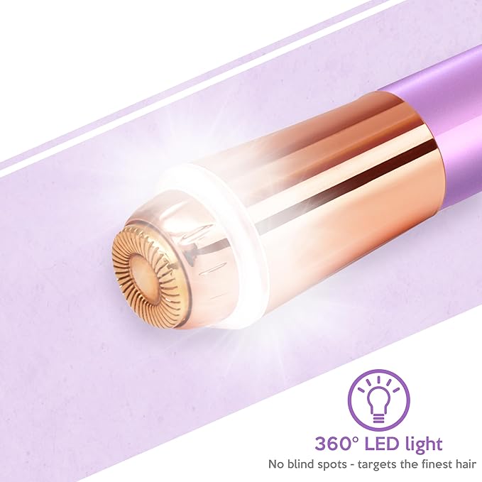 Mini Portable Facial Hair, Lips and Chin Remover Trimmer for Women, Facial Painless Epilator Pen, 18K Gold-Plated 13mm Hypoallergenic Rotary Head. 360° LED Light for Instant and Painless Hair Remover