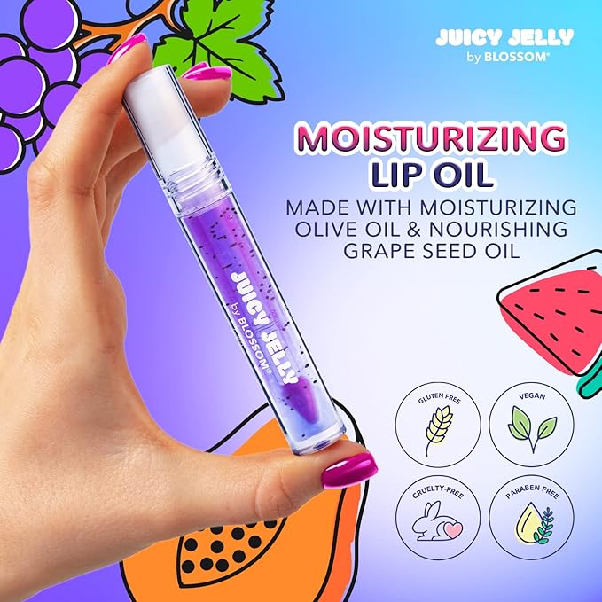 Blossom Juicy Jelly Moisturizing Lip Care Fruit Flavored Nourishing Lip Oil + Zodiac Sign Vanilla Scented Roll On Lip Gloss with Crystals, 2 Pack Bundle, Grape/Virgo