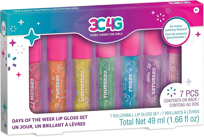3C4G Days of the Week Lip Gloss Set for Girls - 7 Pack Kids Lip Gloss Kit for Girls, Tweens & Teens - Clear Flavored Lip Gloss Makeup Kit - Roll On Lip Gloss for Girls 8-10-12-14 by Make It Real