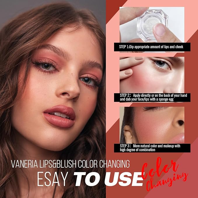 VANERIA Color Changing Blusher,Creme Blush Ph Temperature Change,Waterproof,Long with Brush(/0.14oz) 4g