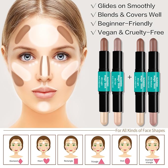 Contour Stick, 4Pcs Dual-Ended Highlighter Makeup Pen & A+Set B)