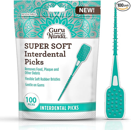 GuruNanda Interdental Picks (Pack of 100), Super Soft & Flexible Rubber Bristles, Dental Floss Picks to Remove Food Debris, Plaque & Go Gentle on Gums