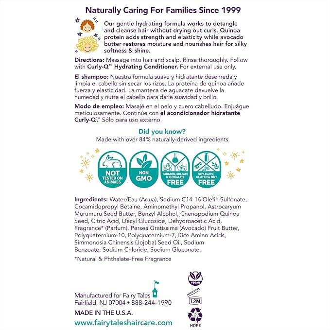 Fairy Tales Curly Q Kids Shampoo - Hydrating for Curly and Multicultural Hair, All Curl Types - Paraben, Sulfate, Gluten, and Nut Free - 32 oz