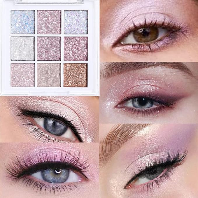 Pink White Glitter Shimmer Sparkle Eye Shadow Palette, Warm Pastel 9 Colors Sparkle eyeshadow Palette Makeup,Colorful Long Lasting Waterproof Naturing-Looking (ice glitter)