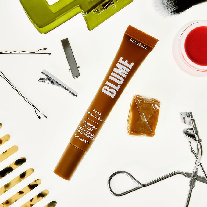 Blume Tri-Peptide Toffee Soft Brown Tinted Lip Balm - Superbalm Lip Moisturizer with Shea Butter and Squalane to Deeply Hydrate & Heal Dry, Cracked Lips - Cruelty Free & Vegan Lip Plumper (0.4 Fl Oz)