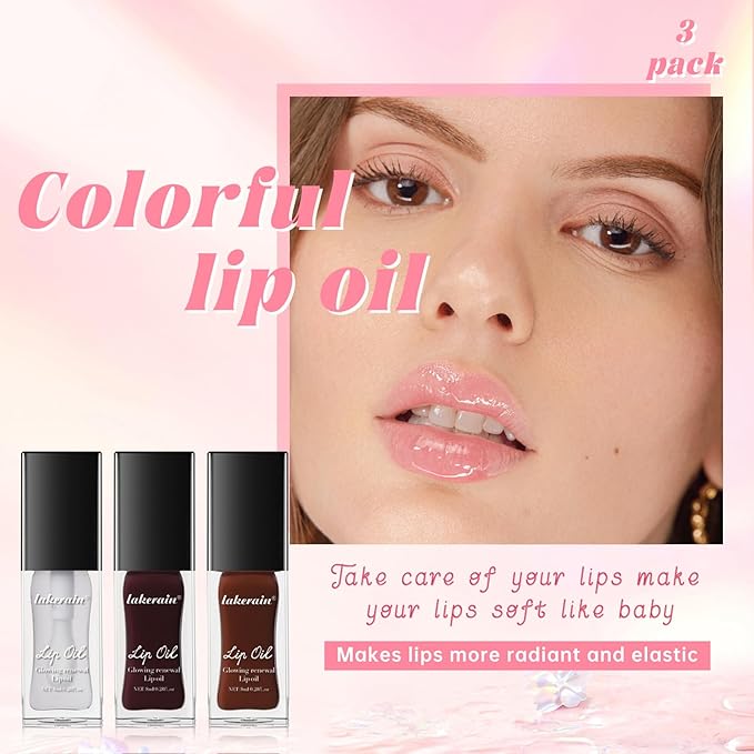 3 Colors Lip Glow Oil Set, Big Brush Glow