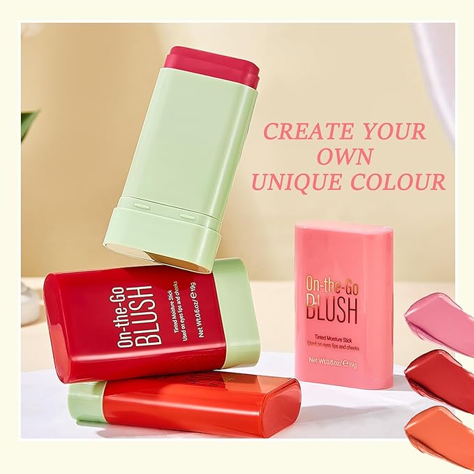 3 Colors Blush Stick,Multi-Use Cream Blush,Waterproofing Highly Pigmented Makeup Stick,Moisturizing Makeup Cream Set with Blender Sponge