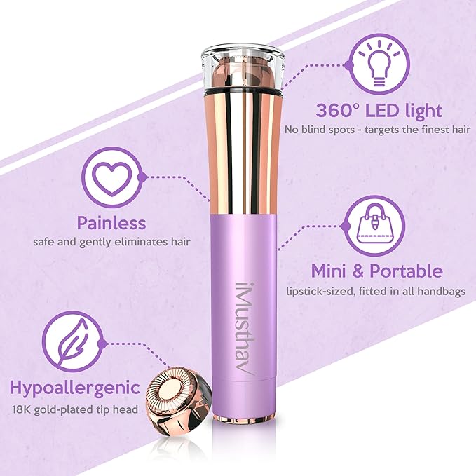 Mini Portable Facial Hair, Lips and Chin Remover Trimmer for Women, Facial Painless Epilator Pen, 18K Gold-Plated 13mm Hypoallergenic Rotary Head. 360° LED Light for Instant and Painless Hair Remover