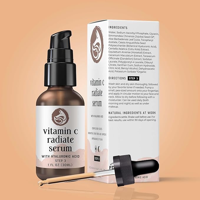 Vitamin C Face Serum - Anti Aging & Brightening Facial Serum - With Hyaluronic Acid Gotu Kola & Jojoba Oil - Natural & Organic - Foxbrim Naturals 1oz