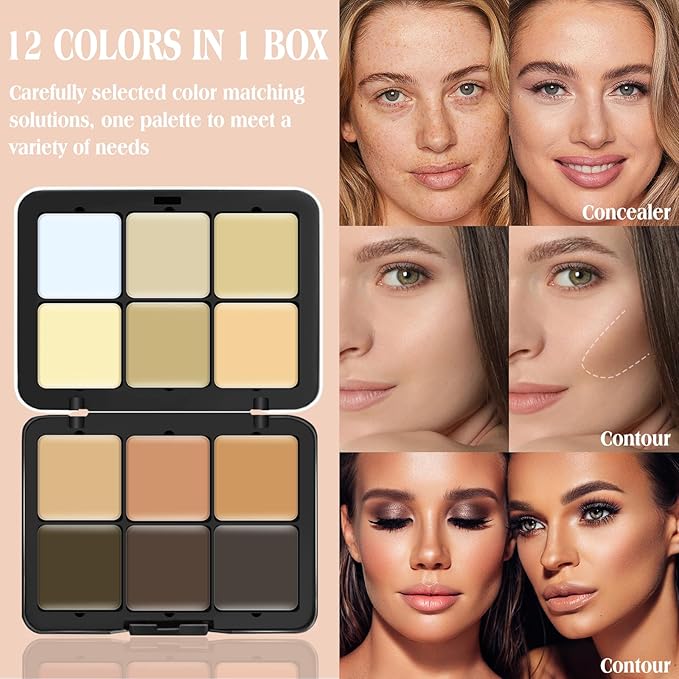 12 Colors Cream [Contour Concealer Foundation] Makeup Palette for Cheeks - All in One Makeup Palette Kit with Brush, Natural Matte Long Wearing, Waterproof Blendable Face Make Up Pallete (#03)