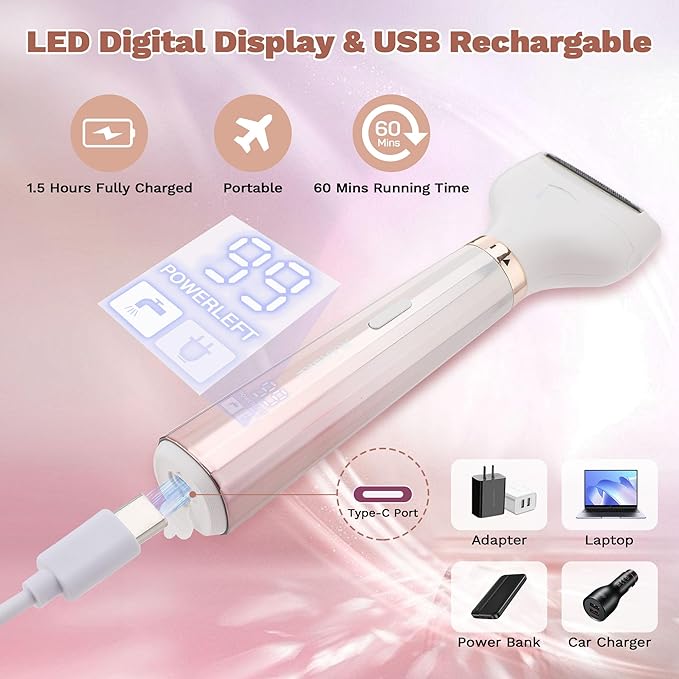 Electric Razors for Women, 5 in 1 Bikini Trimmer for Women, Wet/Dry Electric Shaver, Painless Womens Razor Shavers, Facial Hair Removal for Face Nose Eyebrow Arms Armpit Legs Pubic Area