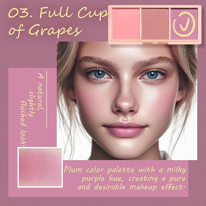 3 Color Matte Pink Blush Palette with Brush, Face Beauty