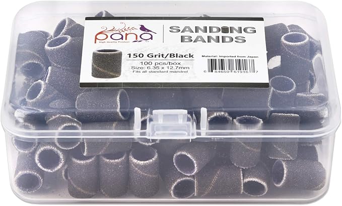 PANA 100 Pieces Nail Sanding Bands Professional Nail Manicure Great Fit for Nail Drill Bits for Acrylic Nails (150 Grit, Black)