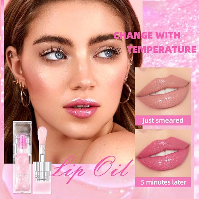 Erinde Magic Color Changing Moisturizing Lip Glow Oil, Plumping Glimmer Changing Lip Oil, Long Lasting Nourishing Lip Glow Oil, Non-sticky Fresh Texture Big Brush Lip Gloss Lip Balm, Pink Shimmer