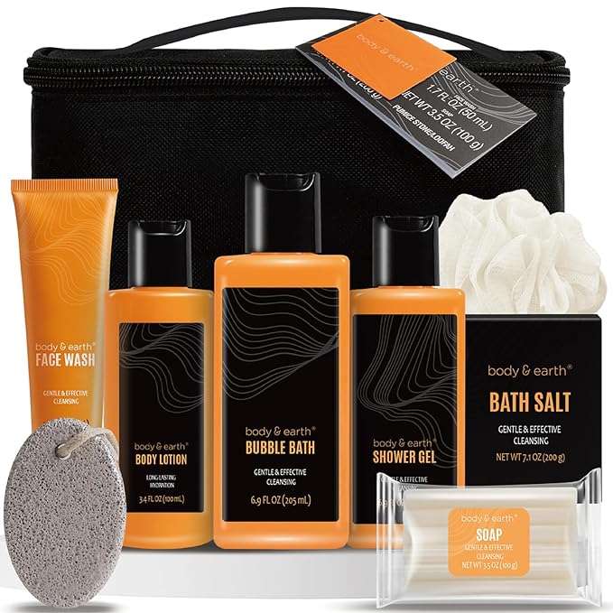 Body & Earth Gift Baskets for Men Bath Set Citrus Scented Bath and Body Gift Set with Body Lotion, Face Wash, Shower Gel, Bubble Bath, Loofah, Birthday Fathers Day Gifts