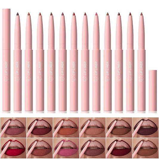 12 Colors Retractable Lip Liner Kit for Define & Sculpting Lips Shades, Long Lasting Waterproof High Pigment Matte Finish Creamy Texture Lip Liner Pencil Set for Women