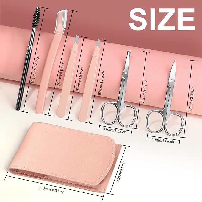FANDAMEI Eyebrow Kit with Leather Case - Eyebrow Scissors, Tweezers, Razor, Brush for Women & Men - Facial Hair & Ingrown Hair Removal