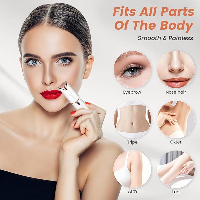 Facial Hair Removal for Women- as Seen on TV Painless Face Shaver -Painless Womens Facial Hair Remover with 2 Replacement Heads, Lipstick-Sized, USB Rechargeable（White）