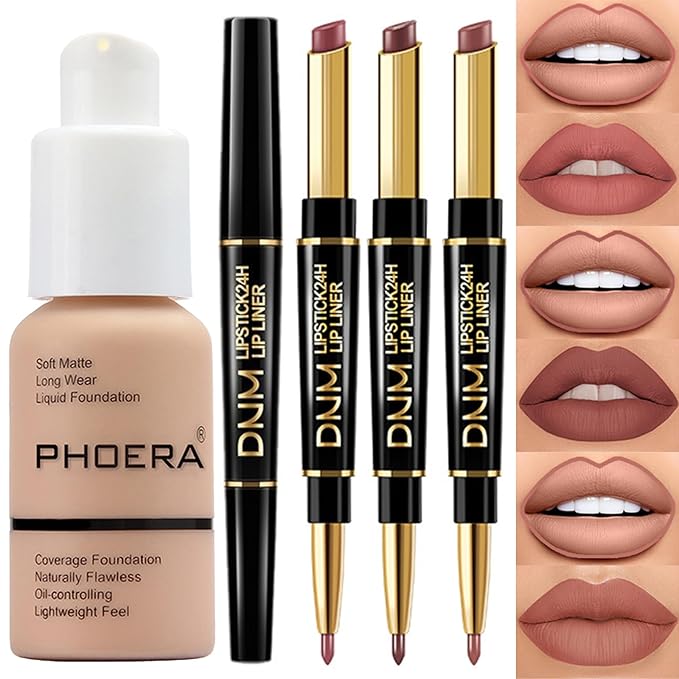 PHOERA Foundation Full Coverage,3Pcs Lip Liner and Lipstick peach+Lip SetA)