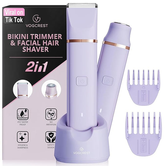 Electric Bikini Trimmer: 2 in1 Body Facial Hair Remover - Painless Pubic Hair Shaver (Purple)