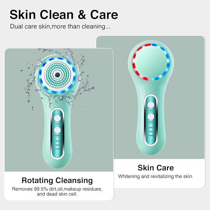 Face Scrubber Exfoliator,Facial Cleansing Brushes Rechargeable IPX7 Waterproof with 5 Brush Heads,Electric Face Spin Brush for Exfoliating, Massaging and Deep Cleansing (Mint Green)