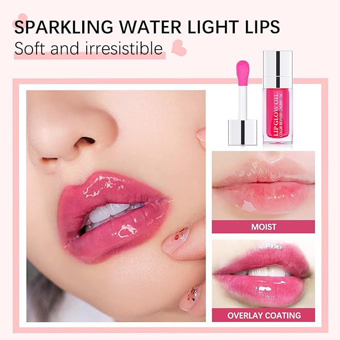 Plumping Lip Oil Lip Glow Oil Lip Gloss Oil Lip Stain Long Lasting Hydrating Non-sticky Big Brush Head Glitter Shine Clear Lip Oil Tinted for Lip Care and Dry Lips -015 Cherry Red