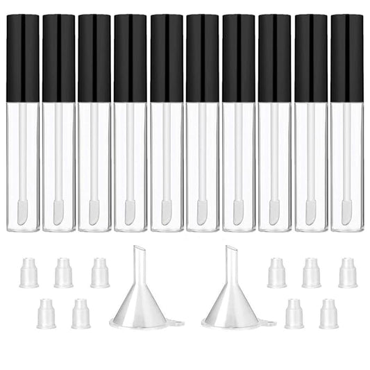 GTHER 10PCS 10ML Empty Lip Gloss Containers Tube with Wand, Refillable Lip Balm Bottles, Lipstick Sample Container and Funnel and Rubber Stoppers for Girls DIY Lip Samples, Black Top
