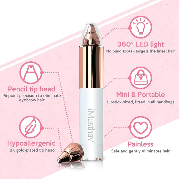 Mini Portable Painless Eyebrow Remover Trimmer for Women, Eyebrow Razor Epilator Pen,18K Gold-Plated Hypoallergenic Precision Pencil-tip. 360° LED Light for Instant and Painless Hair Remover.