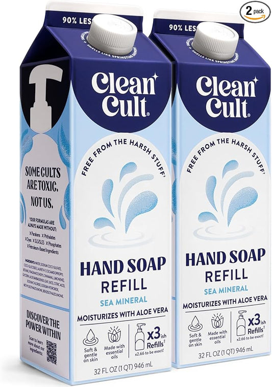 Cleancult - Liquid Hand Soap Refills - Sea Minerals - Gentle On Sensitive Skin - Made with Aloe Vera & Essential Oils - Eco Friendly - Paper-Based Packaging - 32 oz/2 Pack