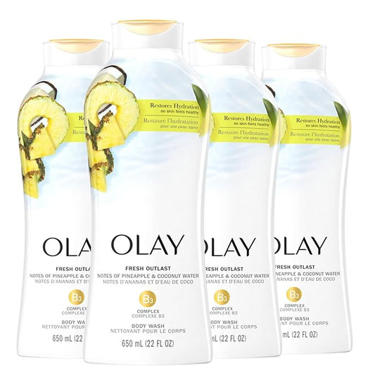 Olay Body Wash for Women, Fresh Radiance, Refreshing & Renewing, Made with Plant Based Cleansers, B3 Botanical Complex, For All Skin Types, Pineapple & Coconut Water Scent, 22 fl oz (Pack of 4)